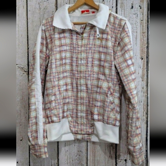 Puma Jackets & Blazers - Puma Plaid Teddy Jacket in Cream with Pink & Brown Accents